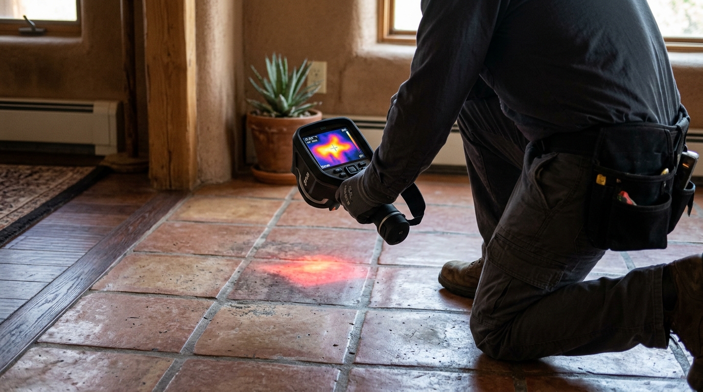 Thermal imaging scan revealing hot water slab leak in Perris home