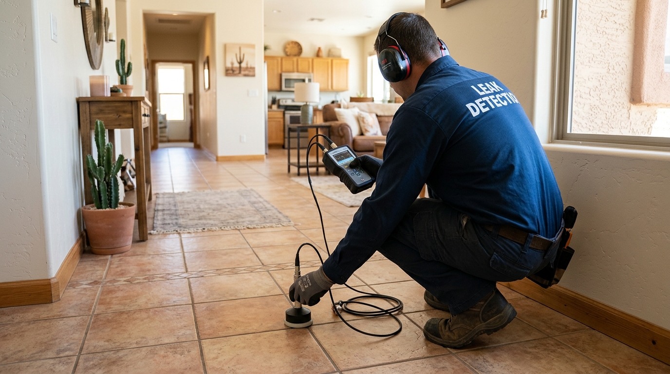 Plumber testing foundation floor for slab leak repair in Perris CA